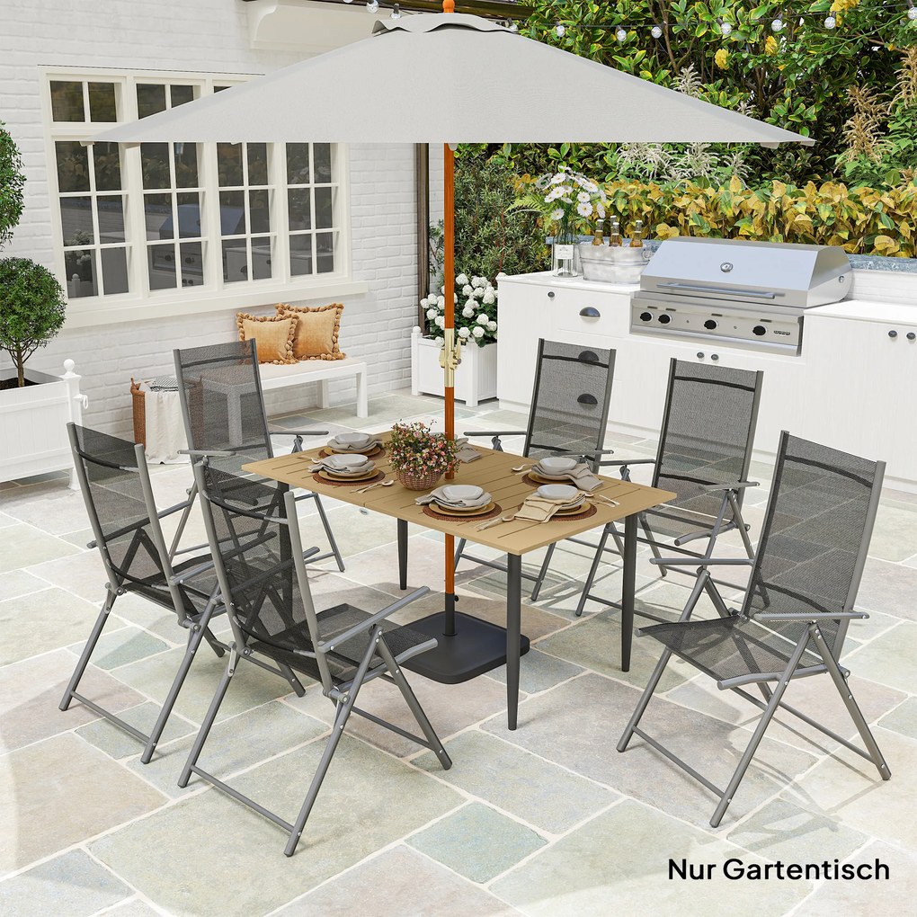 Outsunny Masă de grădină 150x90 cm, rezistentă la intemperii, masă de balcon din oțel cu orificiu pentru umbrelă, maro | Aosom Romania