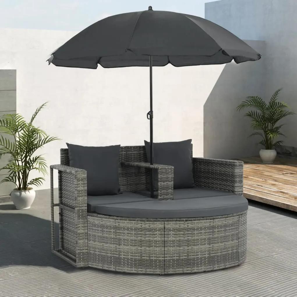 44478 vidaXL Canapea de grădină cu 2 locuri cu perne & umbrelă gri poliratan