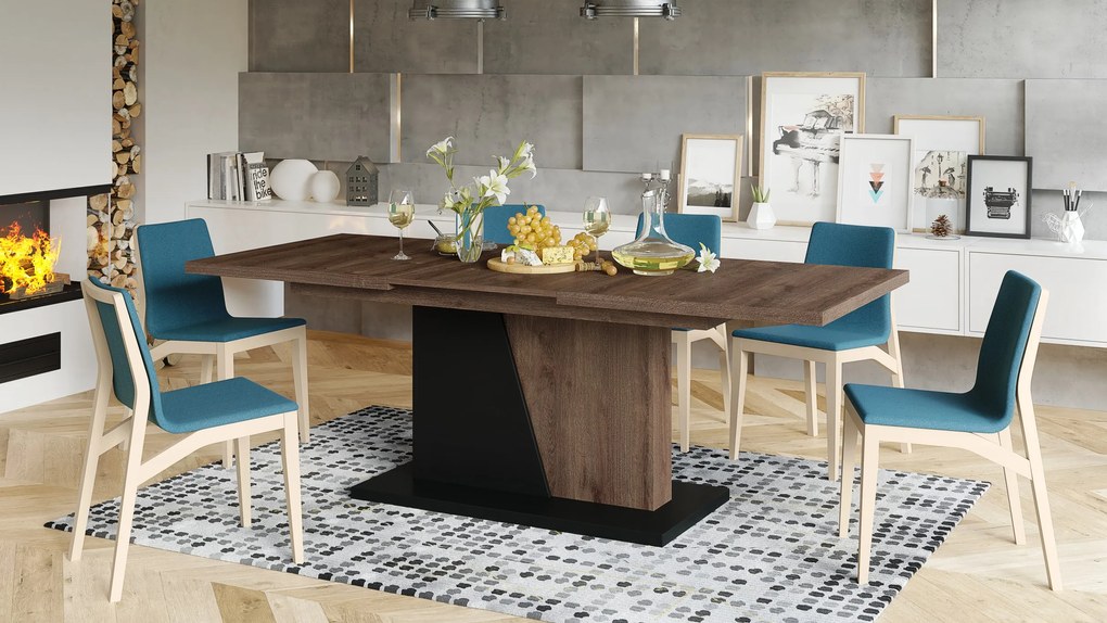NOBLE NOIR Stejar maro/Negru mat - MASĂ EXTENSIBILĂ până la 218 cm, pentru 8, 10 persoane.
