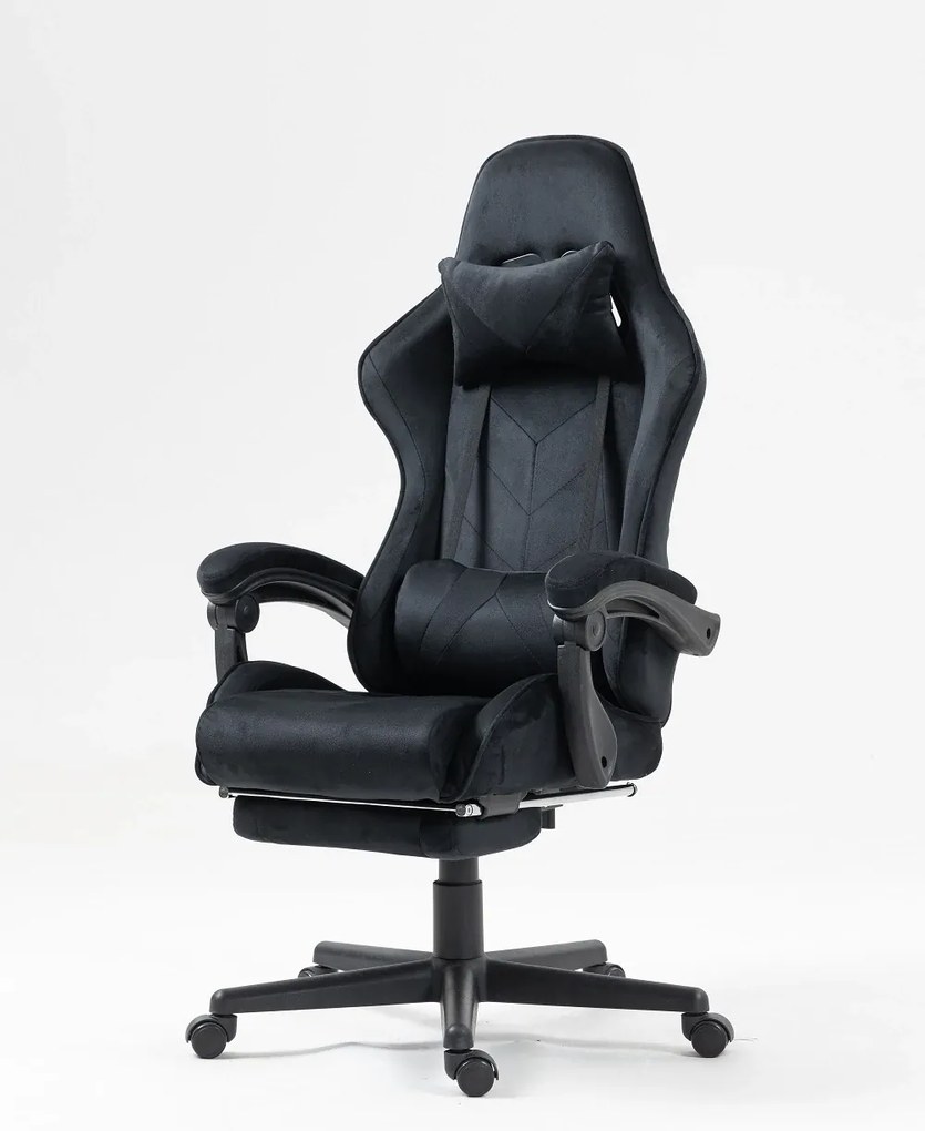 Scaun gaming, masaj în perna lombară, suport picioare, catifea, Negru