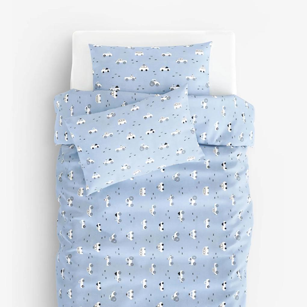 Goldea lenjerie de pat pentru copii 100% bumbac - mijloace de transport pe fond albastru 140 x 200 și 50 x 70 cm