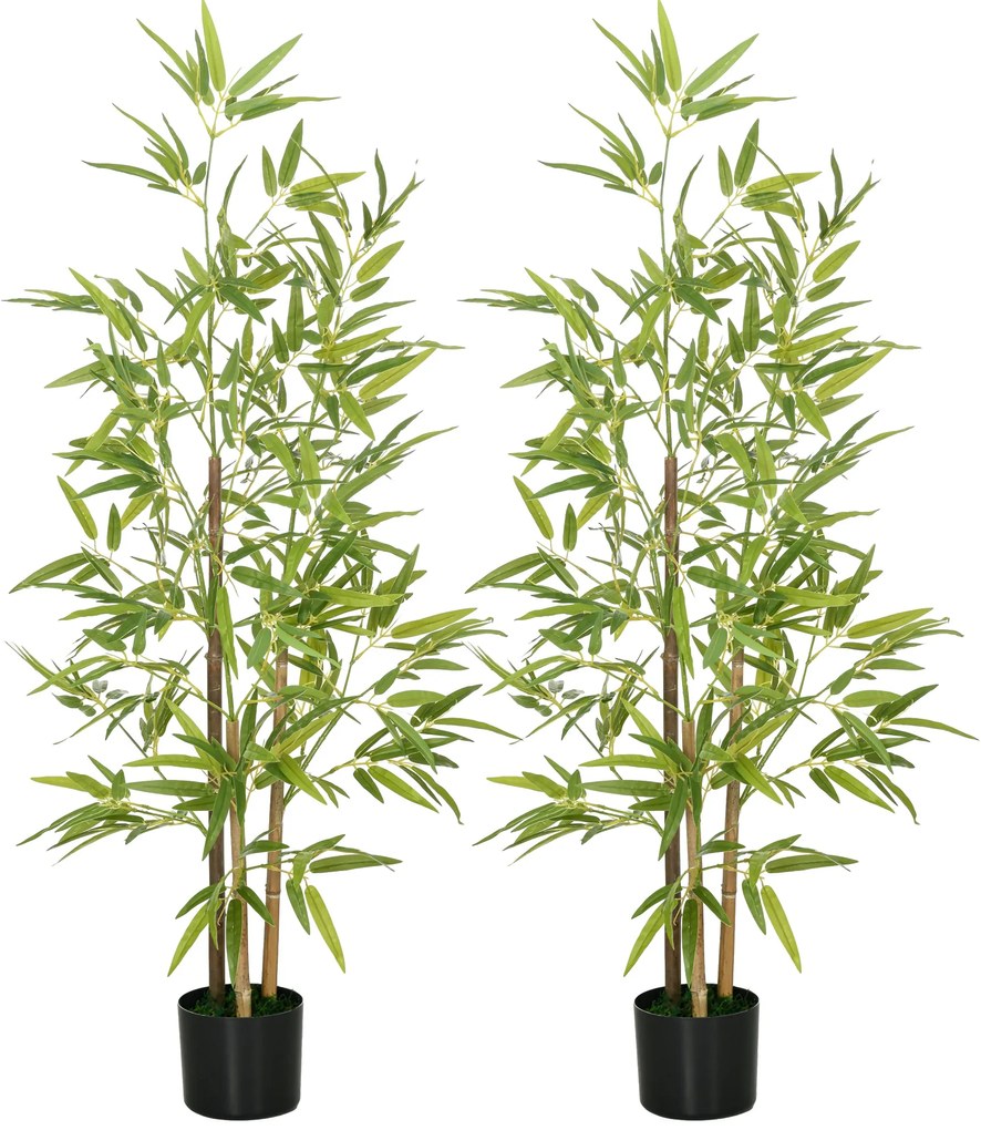 HOMCOM Set Plante Bambus Artificiale cu 3 Trunchiuri cu Ghiveci, Plante Artificiale din PP și Metal, 15x15x120 cm, Verde | Aosom Romania