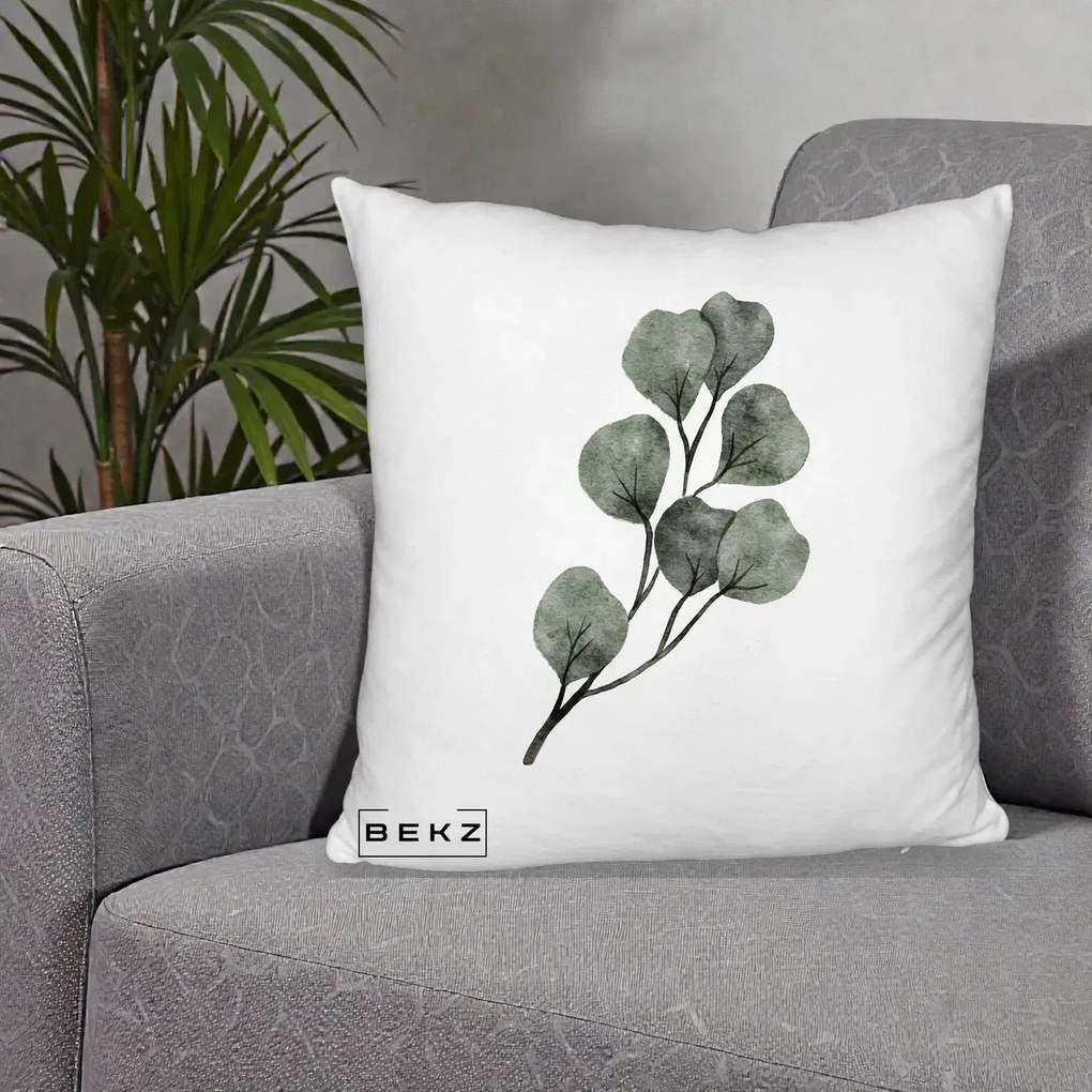 Perna Decorativa Ramura Eucalipt Acuarela, 40x40 cm, Alb Pufos, Husa Detasabila, Perna Inclusa, BEKZ®