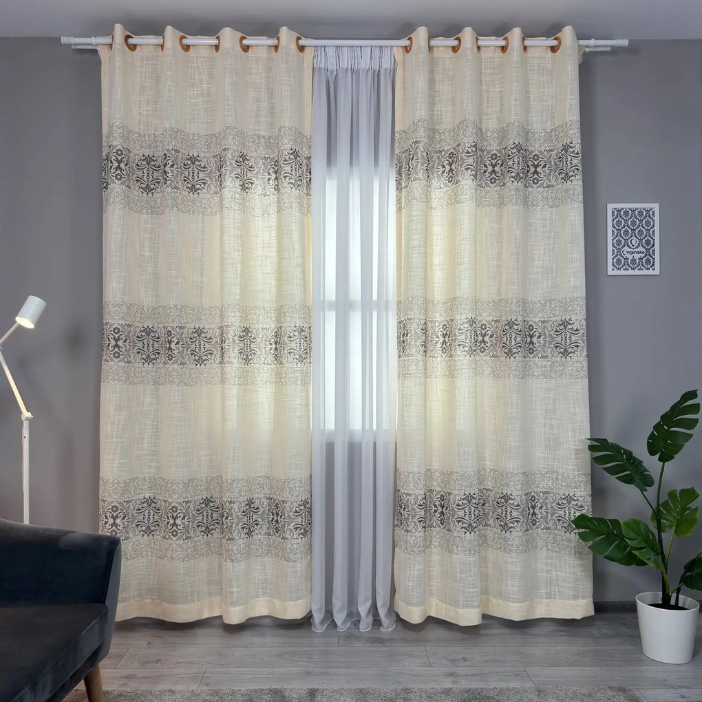 Set două Draperii (Opacitate 60%), din In texturat, cu Model imprimat, Gata lucrate (Inele galerie), Culoare Bej + Gri, Dimensiuni draperie 160x260 cm (x2), Brand Originalio