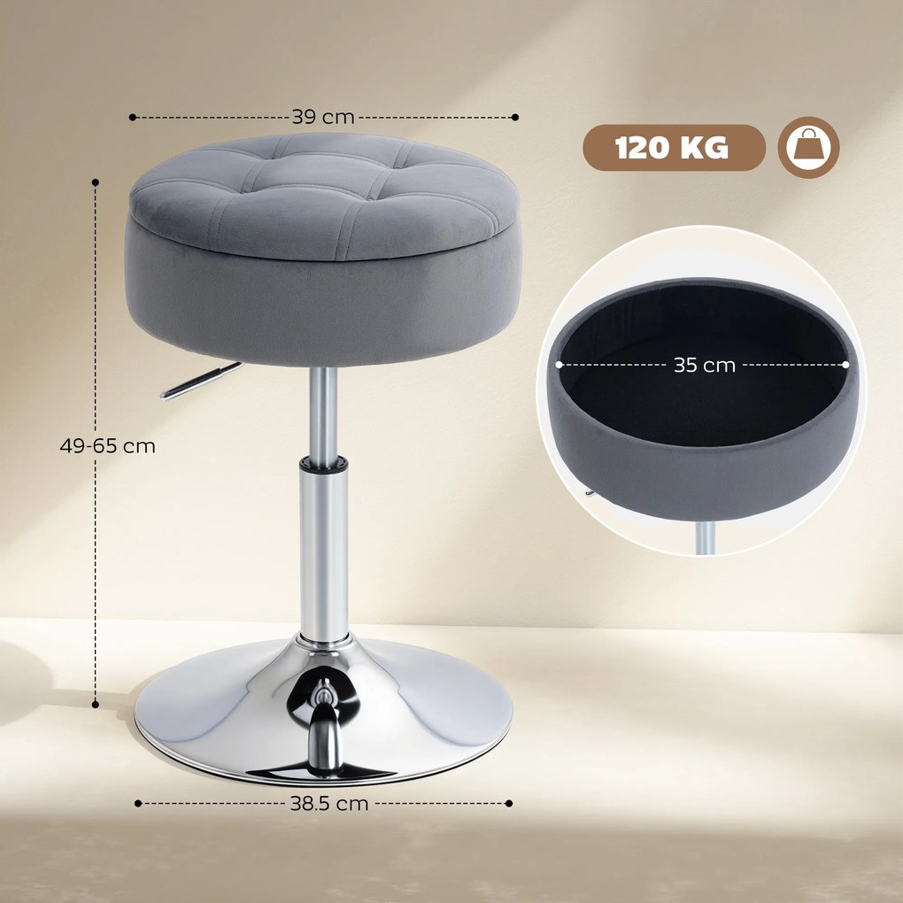 HOMCOM Round Bar Stool, Height Adjustable Swivel Pub Chair with Storage and Metal Base, Backless Tufted Makeup Stool for Breakfast Counter, Kitchen Island, Bedroom, Living Room, Grey | Aosom Romania