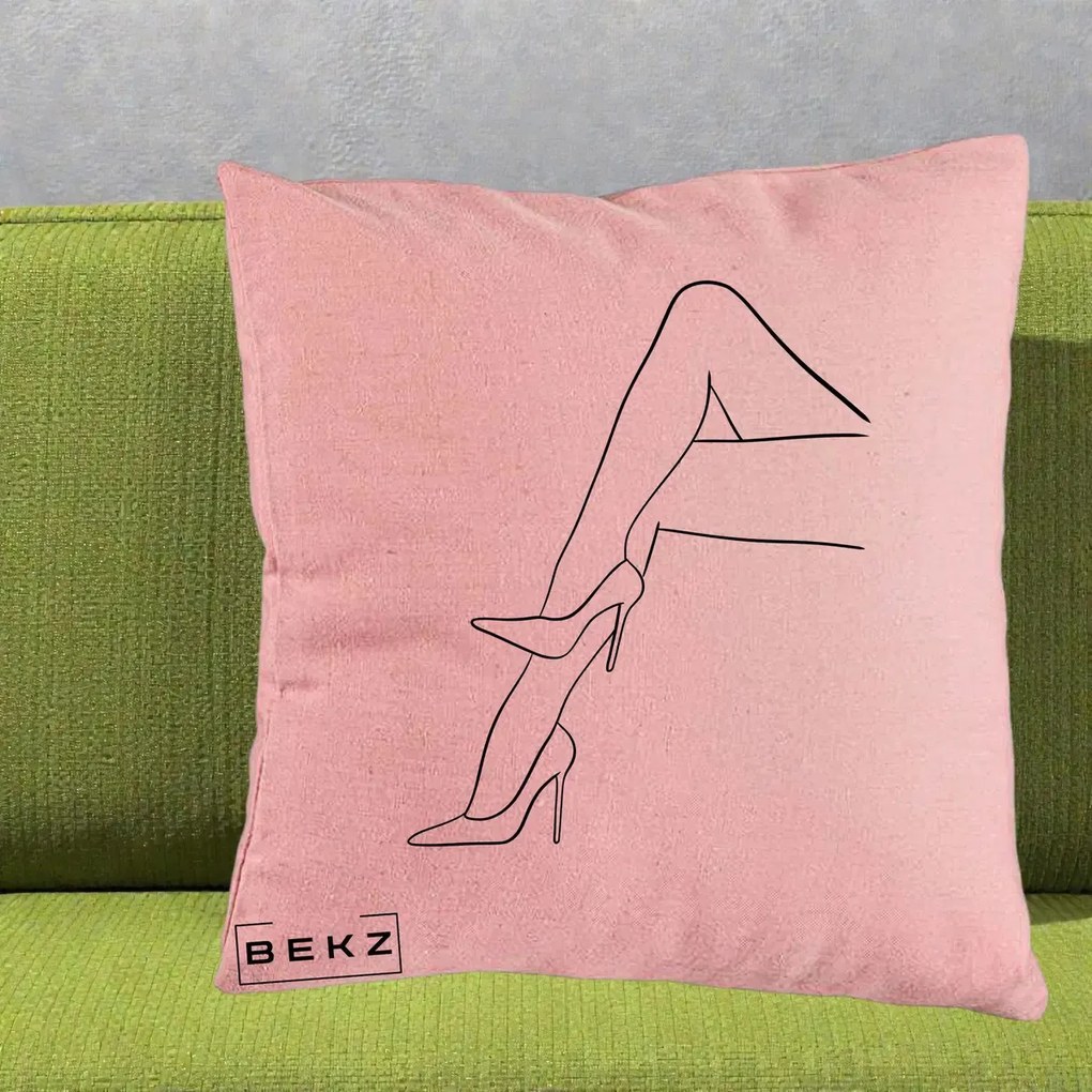 Perna Decorativa Picioare cu Tocuri Line Art, 40x40 cm, Roz, Husa Detasabila, Perna Inclusa, BEKZ®