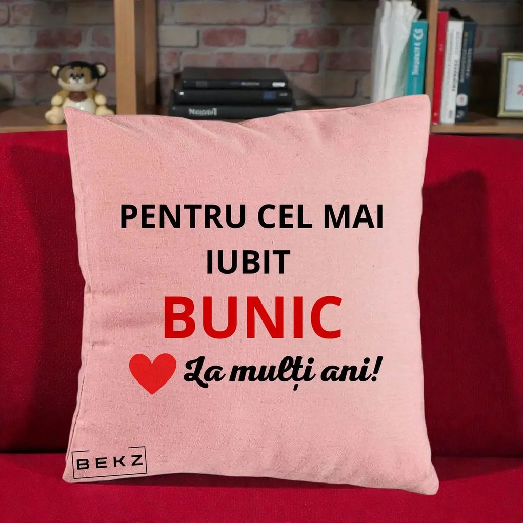 Cadou pentru Bunic - Perna Personalizata Pentru Cel Mai Iubit Bunic La Multi Ani Rosu, 40x40 cm, Roz, Husa Detasabila, Perna Inclusa, BEKZ®
