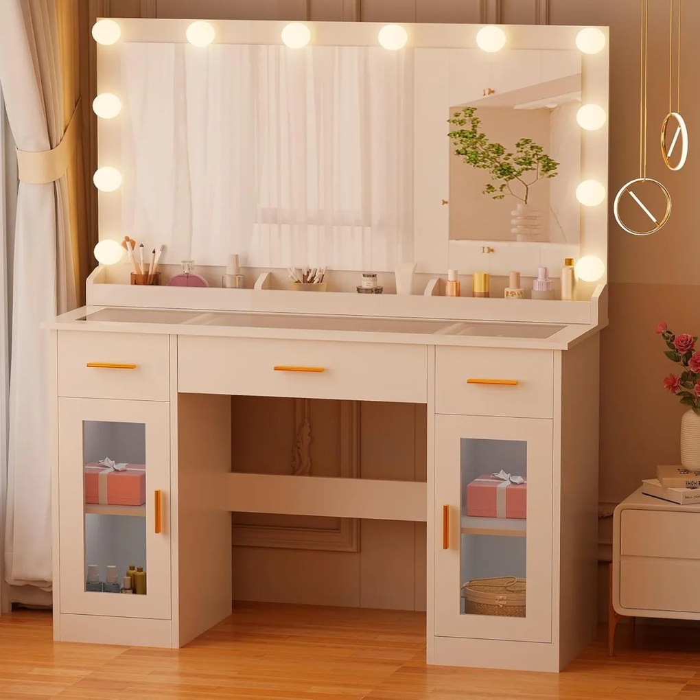 Masuta machiaj cu Oglinda LED si 3 Sertare pentru Cosmetice, Set Masa toaleta 110 cm, Alb, masuta cosmetica, vanity - SEA2