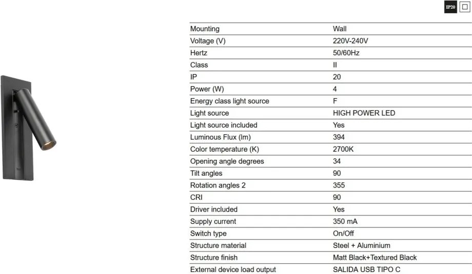 Aplica cu reader LED directionabil stil minimalist GABO USB C negru
