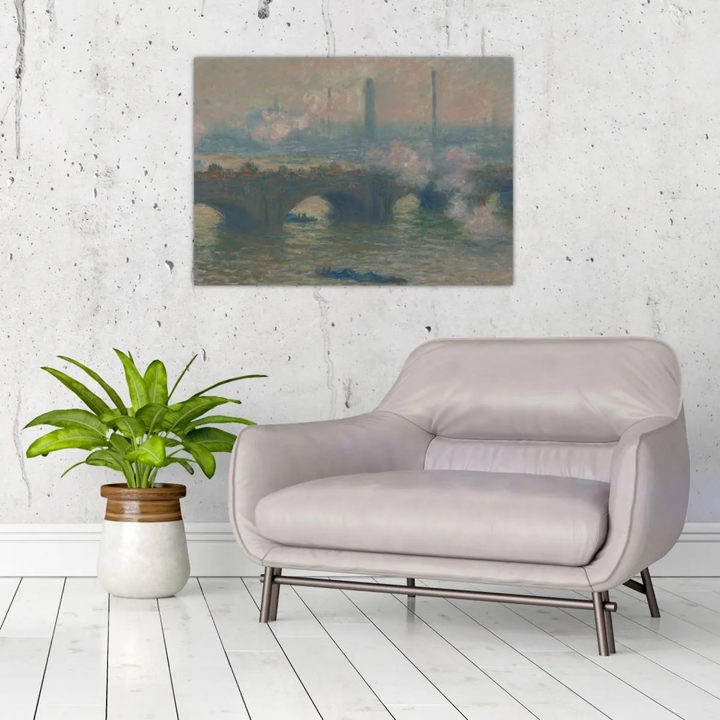 Tablou pe sticlă - Claude Monet, Waterloo Bridge, Gray Day, reproducere (70x50 cm)