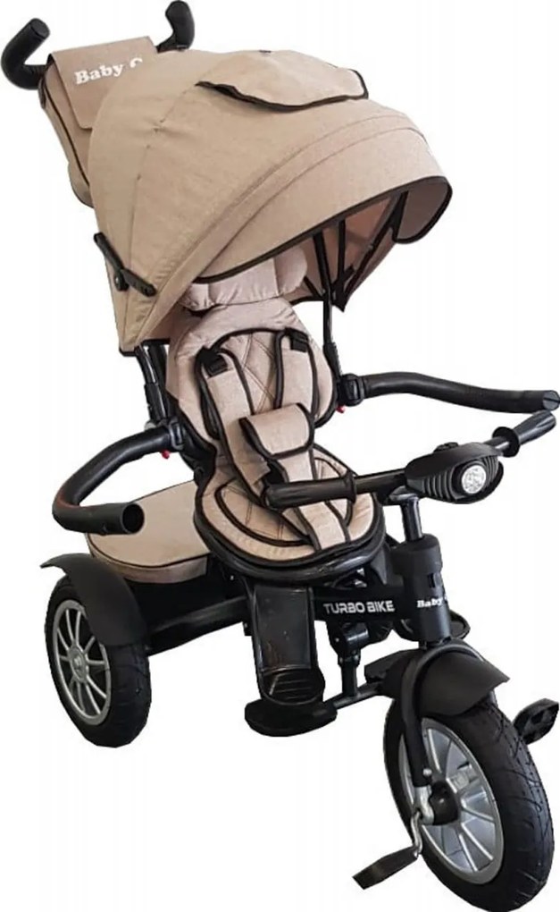 Tricicleta cu copertina Baby Care™ Turbo Bike , Cu far luminos, Roti din cauciuc, Pozitie somn, Pedale si maner pentru parinti, Scaun reversibil cu