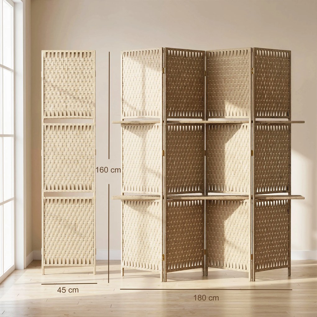 HOMCOM Separator de camere 4 panouri 2 rafturi pliabile natural pai | Aosom Romania
