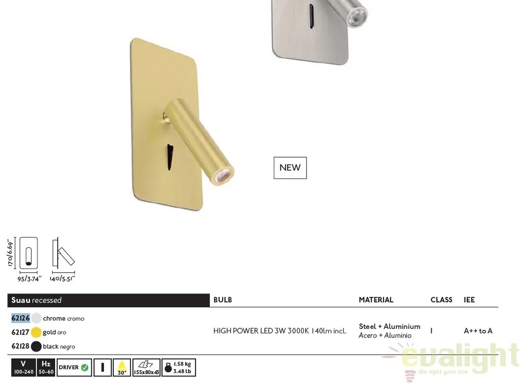 Lampa de perete cu reader LED incastrabila design modern minimalist SUAU nickel 62126