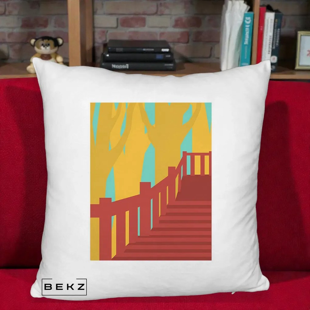 Perna Decorativa Scari Toamna Peisaj Grafic, 40x40 cm, Alb Pufos, Husa Detasabila, Perna Inclusa, BEKZ®