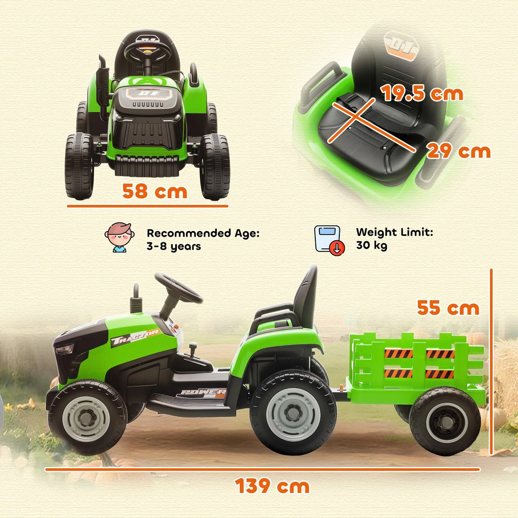 AIYAPLAY Tractor Electric 2 în 1 pentru Copii 3-8 Ani 12V cu Remorcă Detașabilă, Mașină Electrică pentru Copii cu Telecomandă, Centură de Siguranță, Muzică, Lumini LED și Claxon, Verde | Aosom Romania