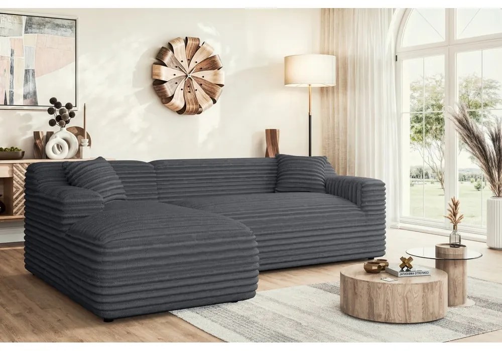 Colțar gri închis cu tapițerie din catifea reiată (cu colț pe partea stângă, cu șezlong) Martin – Ropez