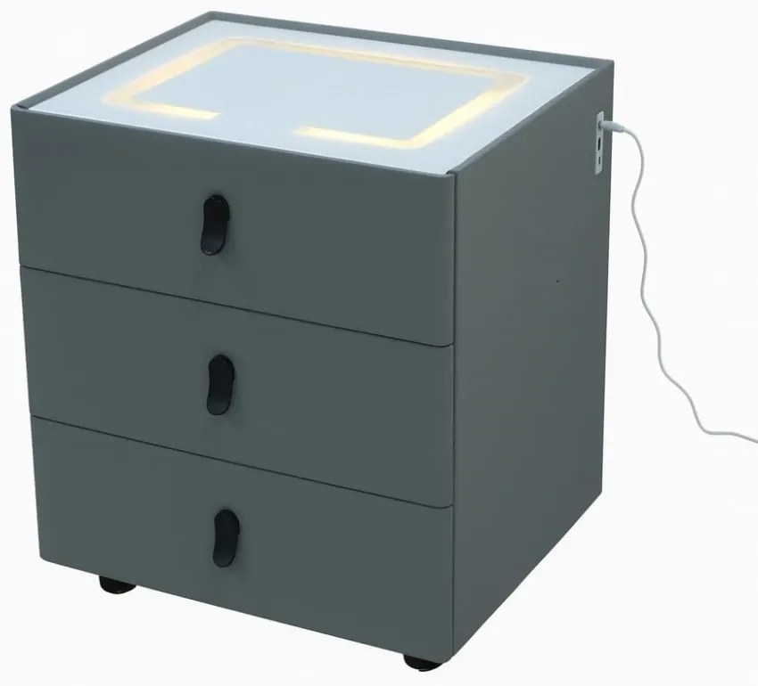 Noptieră inteligentă, încărcare Wireless și port USB+USB C, 3 sertare, 3 tipuri de iluminare LED touch, 3 tipuri de culoare, sticla securizata, Gri