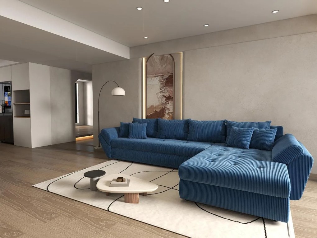 Colțar extensibil dumonde cu ladă de depozitare si sezut confortabil din spuma high-density, Loana XL Zoom Albastru II 335x185 cm