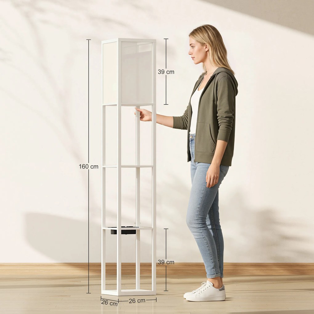 HOMCOM Lampă de Podea LED cu Rafturi, Lampă Modernă cu Comutator cu Pedală și Porturi USB, Temperatură de Culoare Reglabilă pentru Living și Dormitor, Alb | Aosom Romania