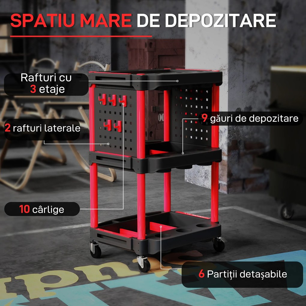 HOMCOM Cărucior pentru Scule 3 Nivele din Plastic cu Panou Lateral Roșu Negru | Aosom Romania