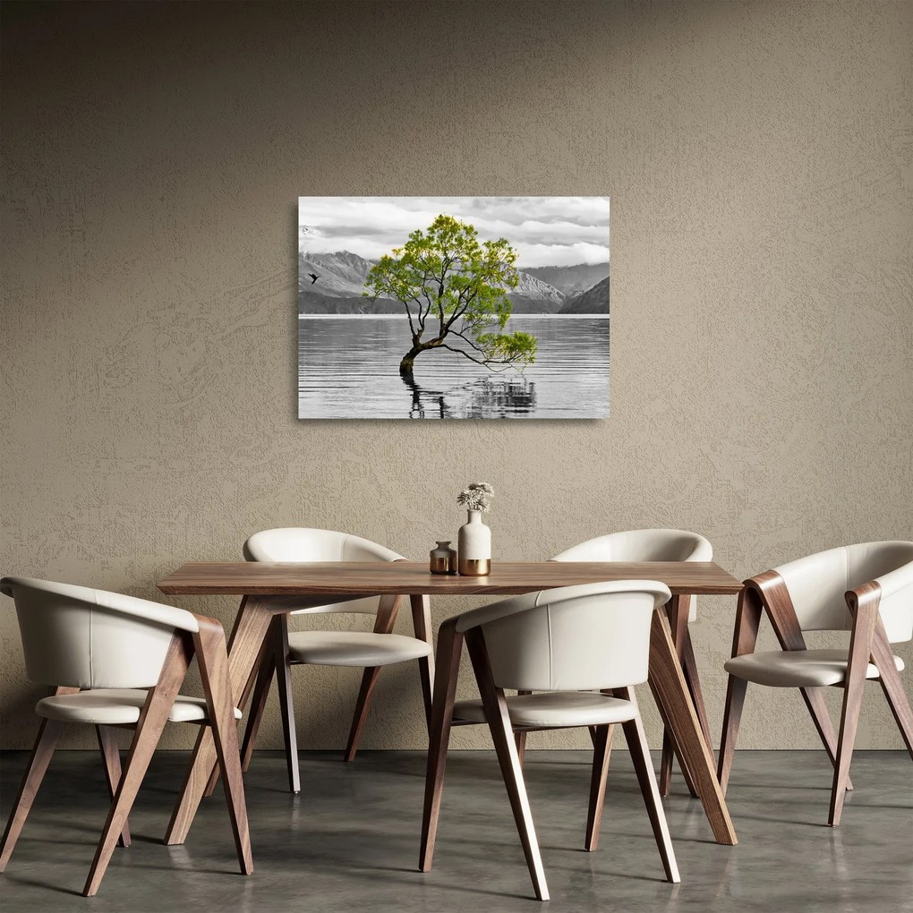 Tablou pe sticlă copacului în mijlocul lacului (70x50 cm)