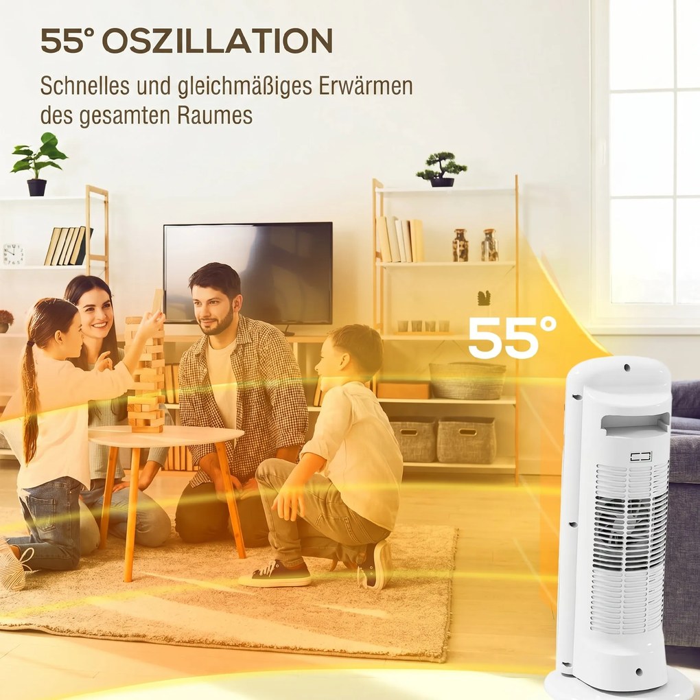 HOMCOM Sobă Electrică Ceramică 2000W, 4 Moduri și Încălzire Reglabilă, Oscilație 55°, Alb | Aosom Romania