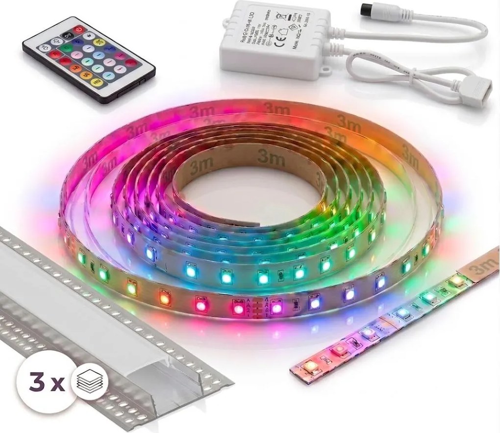 SET 1x bandă LED RGBW DIGITAL LED/9,6W/230V 3 m + 3x profil încastrat 1 m + telecomandă