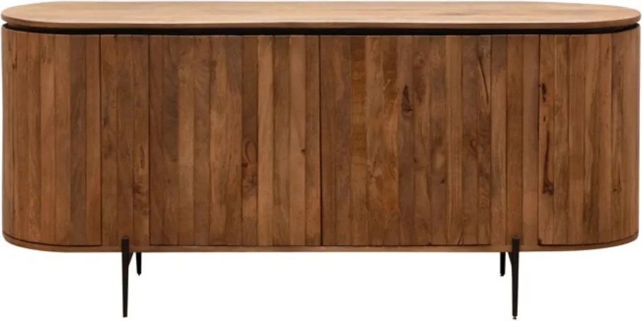 Bufet din lemn de mango, maro, cu 4 uși din lame verticale și picioare din metal negru, finisaj natural, 77 x 170 x 48 cm, „Ainigma”