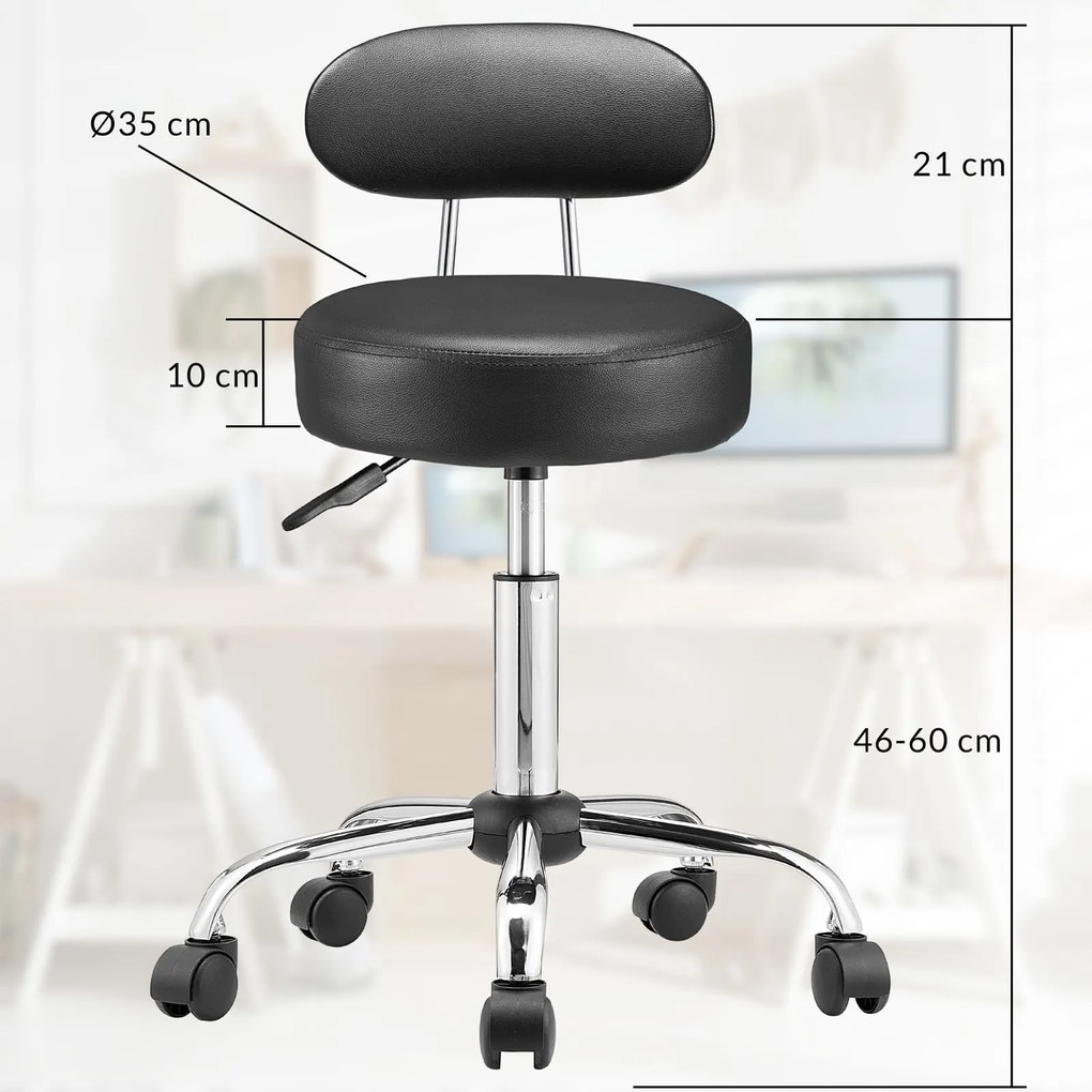 Taburet pe roți cu spătar ROLAND, Ø35cm, negru Casaria