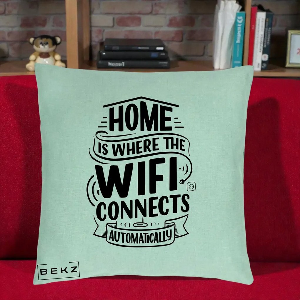 Perna Decorativa Home Is Where WiFi Connects, 40x40 cm, Verde Menta, Husa Detasabila, Perna Inclusa, BEKZ®