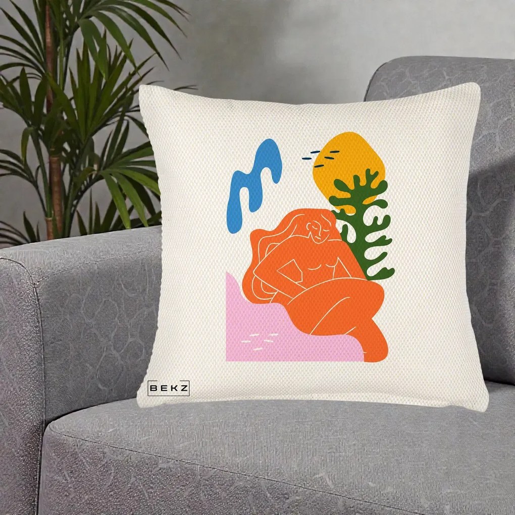 Perna Decorativa Femeie Portocalie Relaxata, 40x40 cm, Crem Reliefat, Husa Detasabila, Perna Inclusa, BEKZ®