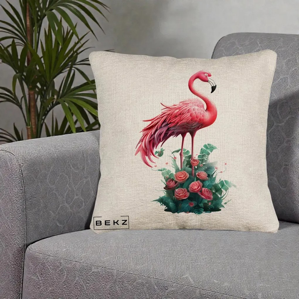 Perna Decorativa Flamingo cu Trandafiri Tropicali, 40x40 cm, Bej Canapea, Husa Detasabila, Perna Inclusa, BEKZ®