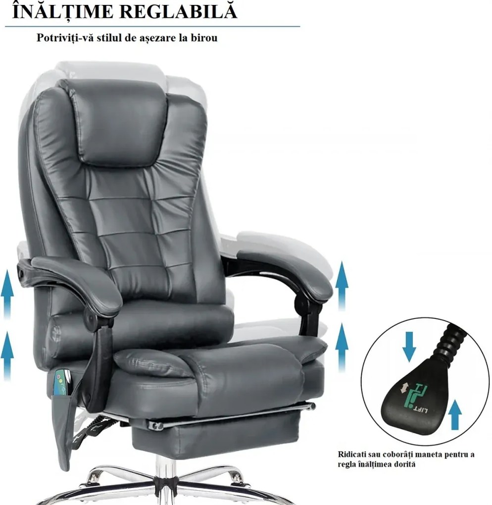 Scaun directorial cu Masaj si Incalzire, functie sezlong, suport picioare, piele PU, Gri