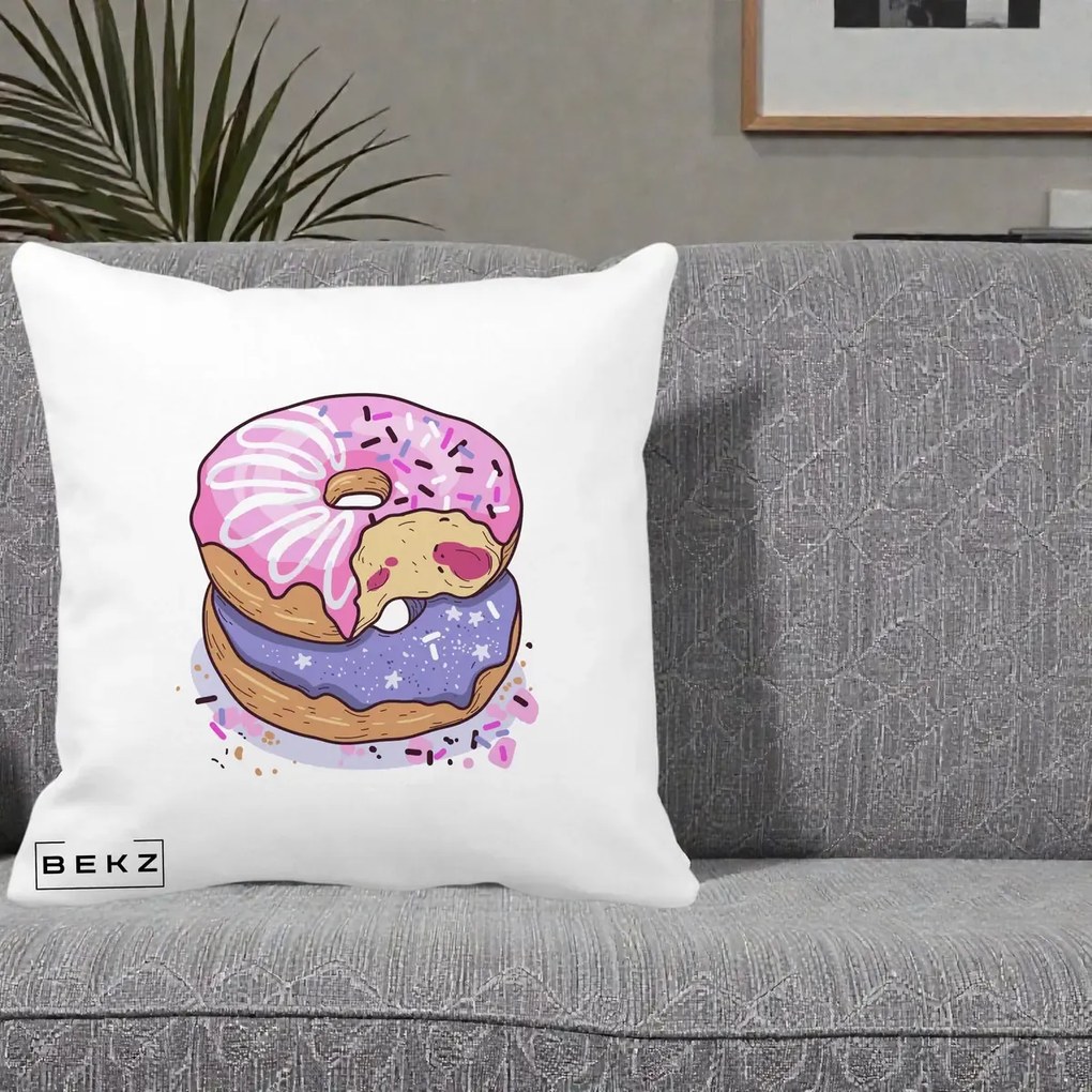 Perna Decorativa Donuts Roz si Mov, 40x40 cm, Alba Mata, Husa Detasabila, Perna Inclusa, BEKZ®