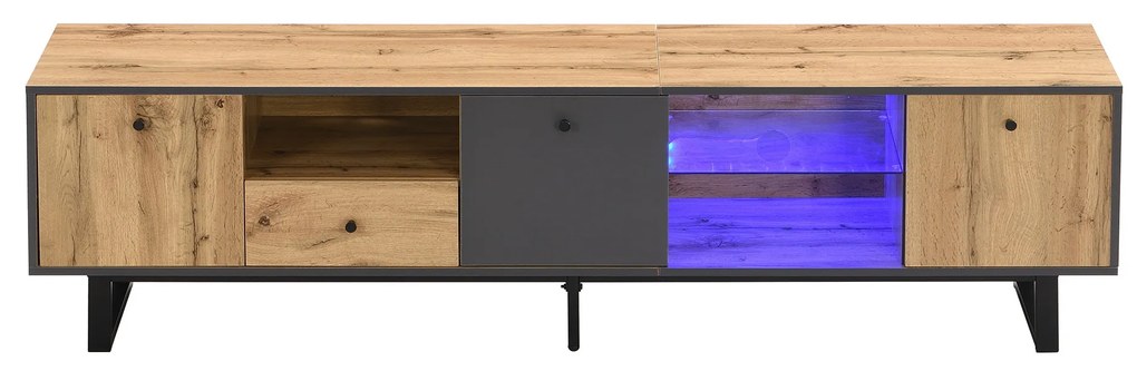 Mobilierul TV Jos pentru Living cu Efecte Luminoase LED, Rafturi din Sticlă și Balamale Amortizate, 190x40x50 cm, Natural