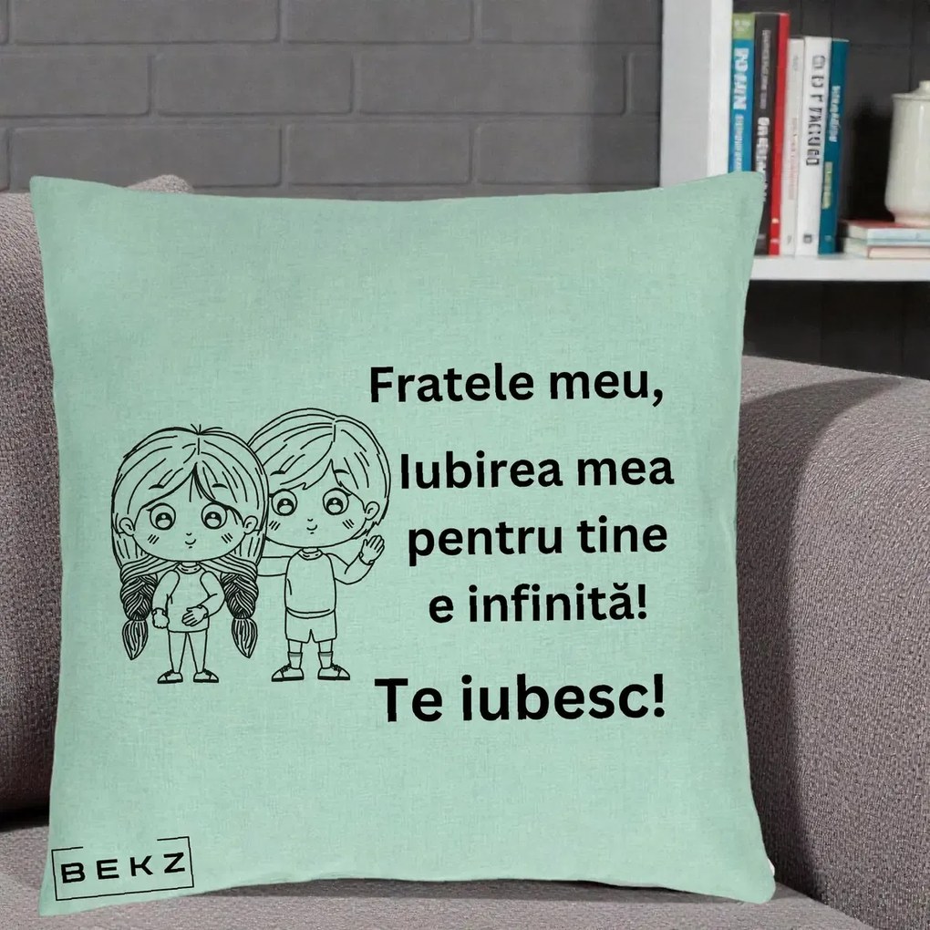 Cadou pentru Frate - Perna Personalizata Fratele Meu Te Iubesc Copii Anime Line Art Negru, 40x40 cm, Verde Menta, Husa Detasabila, Perna Inclusa, BEKZ®