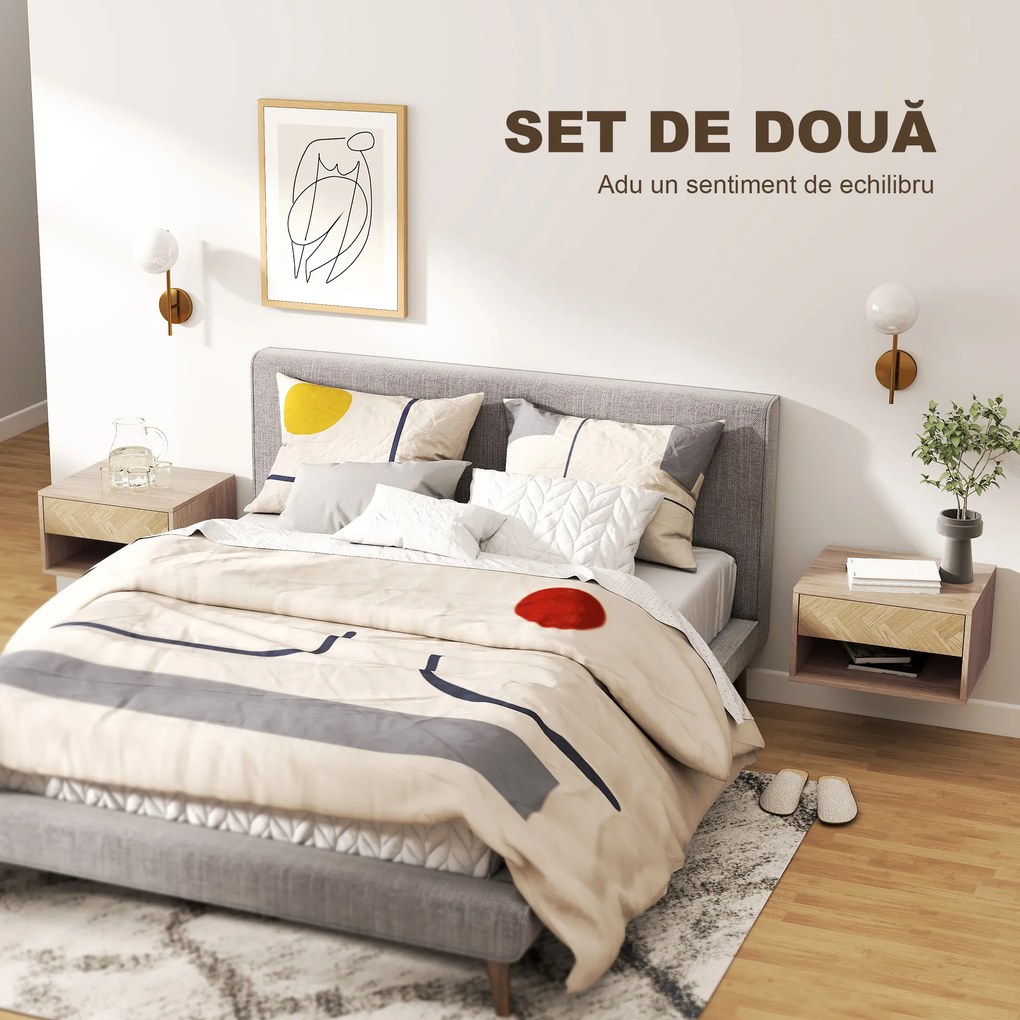 HOMCOM Set de 2 Noptiere Suspendate cu Sertar și Compartiment 37x32x21 cm Lemn Natural | Aosom Romania