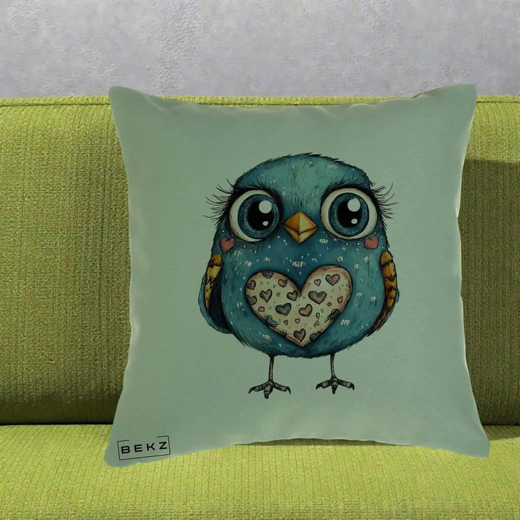 Perna Decorativa Bufnita Albastra cu Inimioare, 40x40 cm, Verde, Husa Detasabila, Perna Inclusa, BEKZ®