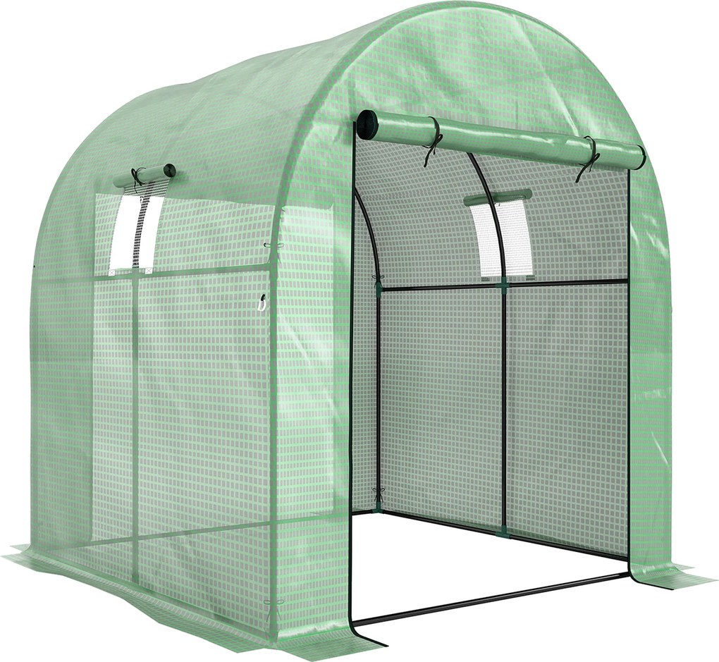Outsunny Seră Tip Tunel din Polietilenă Cu Uși și Ferestre din Plasă, Cort cu Capac din PE și Cadru de Oțel, Verde 1,8x1,8x2 m | Aosom Romania