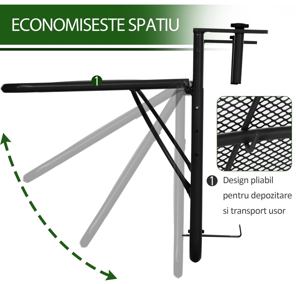 Outsunny Măsuță Suspendabilă pentru Balcon cu Brațe și Raft Reglabile, Design Compact, 60x56.5x45cm, Negru | Aosom Romania