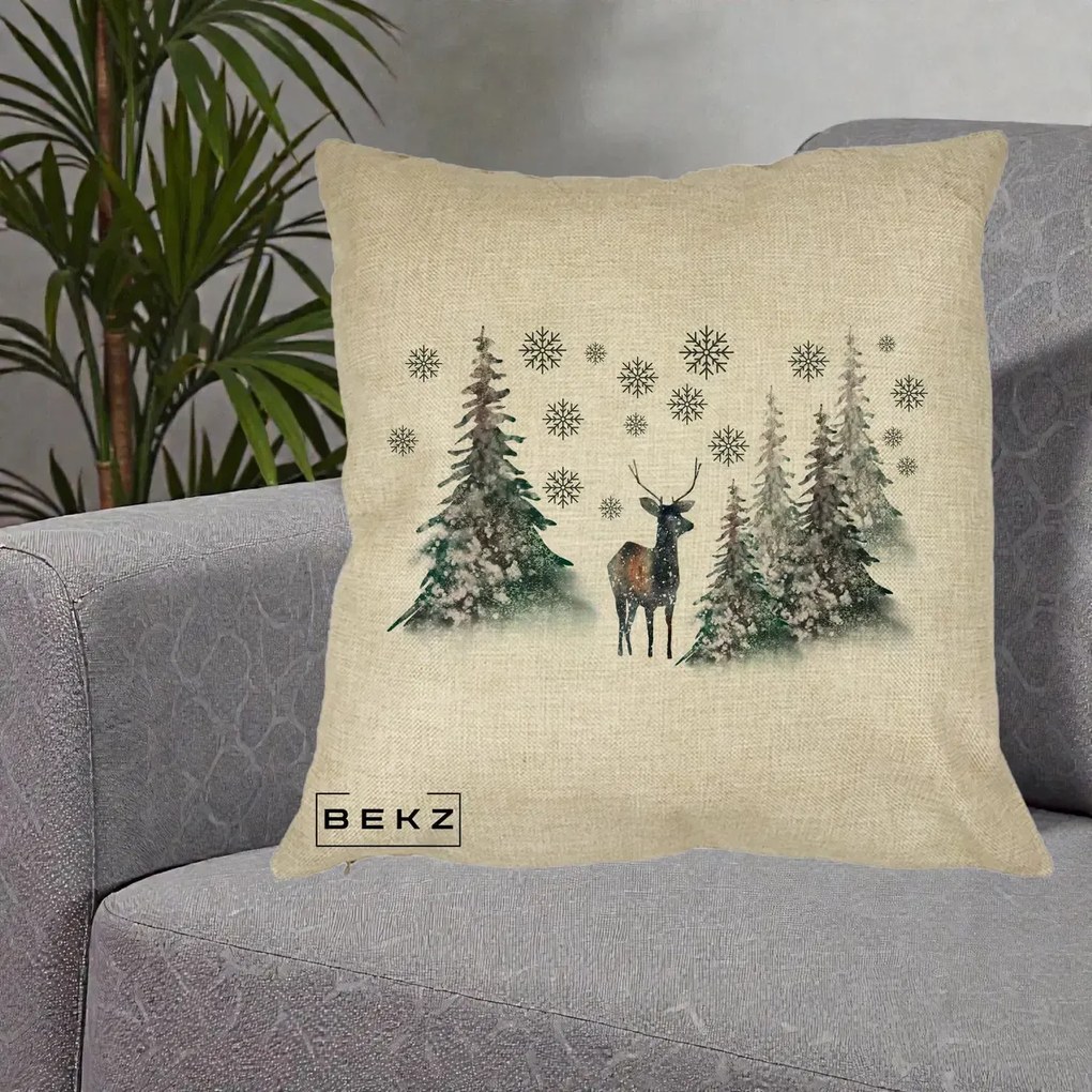 Perna Decorativa Ren in Padure Inzapezita, 40x40 cm, Crem, Husa Detasabila, Perna Inclusa, BEKZ®