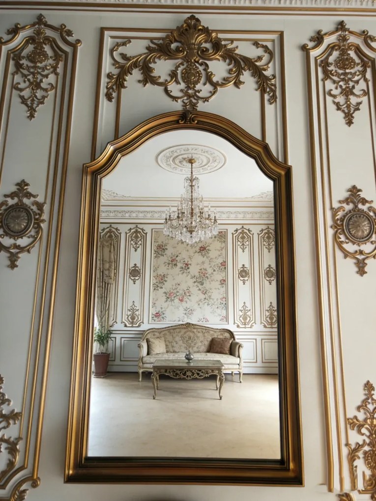 RESIGILAT- Oglindă decorativă de perete, ramă aurie antichizată, 60x90 cm