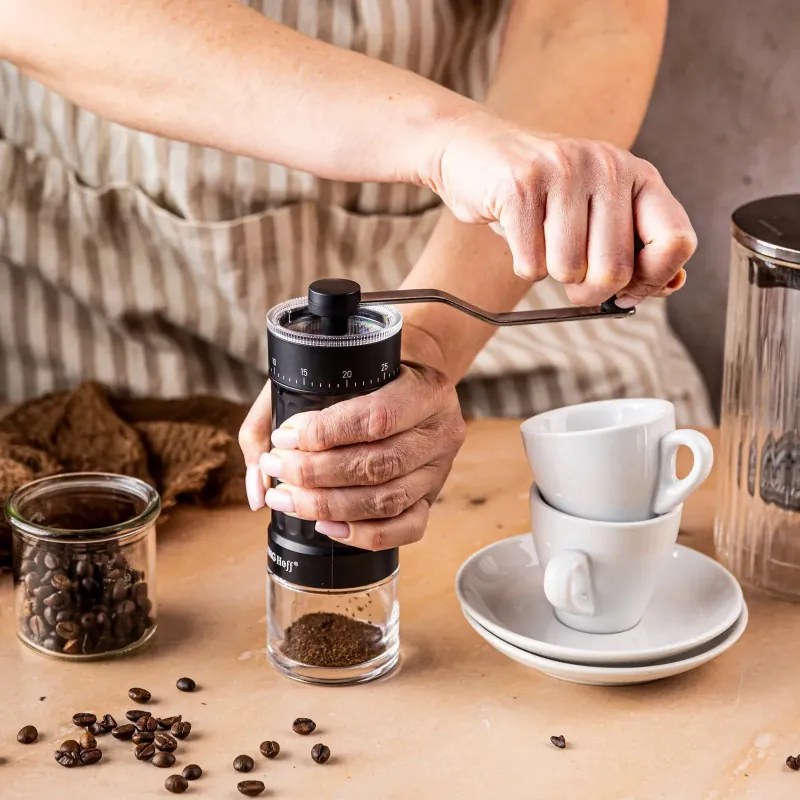 Rasnita manuala pentru cafea Kinghoff KH 2002, 30 g, Mecanism ceramic, Reglare continuă a finetii, Negru