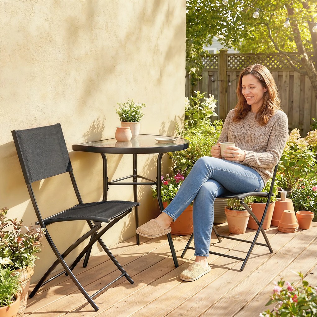 Outsunny Set bistro de exterior, mobilier de terasă 3 piese cu scaune pliante, masă din sticlă semicirculară, negru | Aosom Romania