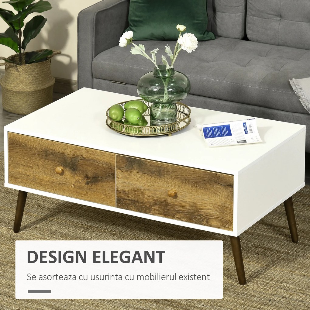 Masuta de Salon in Stil Nordic, Masuta Joasa din Lemn cu 4 Sertare, Dulapior pentru Sufragerie, Alb si Lemn 100x53,5x45cm HOMCOM | Aosom RO