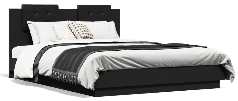 3210011 vidaXL Cadru de pat cu tăblie și lumini LED, negru, 140x200 cm