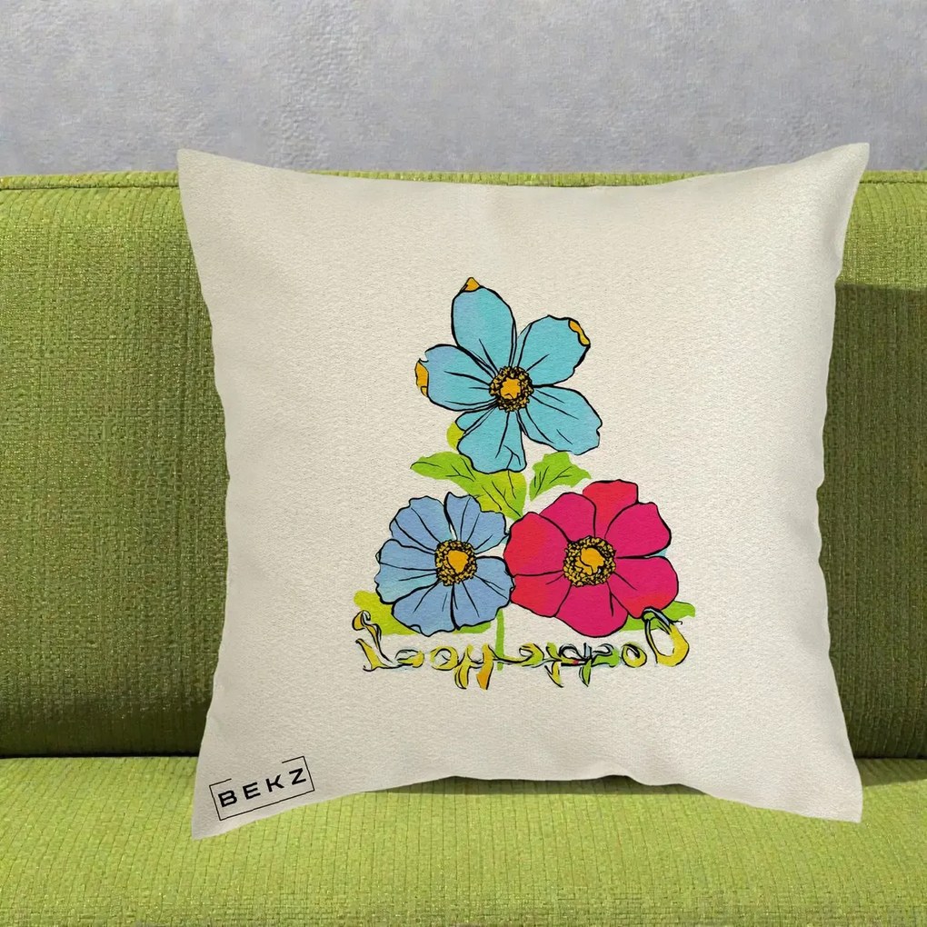 Perna Decorativa Trei Flori Grafice Pop Art, 40x40 cm, Ecru, Husa Detasabila, Perna Inclusa, BEKZ®