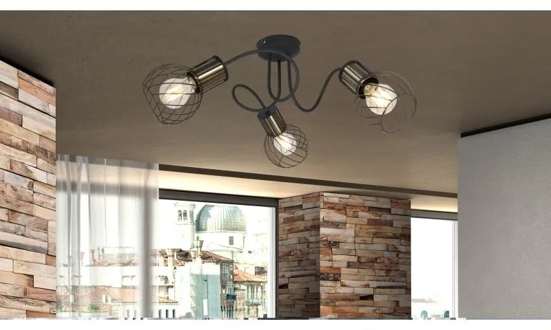 Plafoniera cu 3 spoturi design industrial ARGUSTO negru, auriu