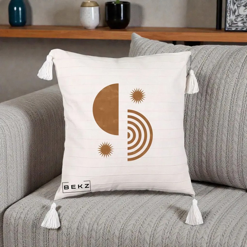 Perna Decorativa Boho Sun si Spirala, 40x40 cm, Bej cu Franjuri, Husa Detasabila, Perna Inclusa, BEKZ®