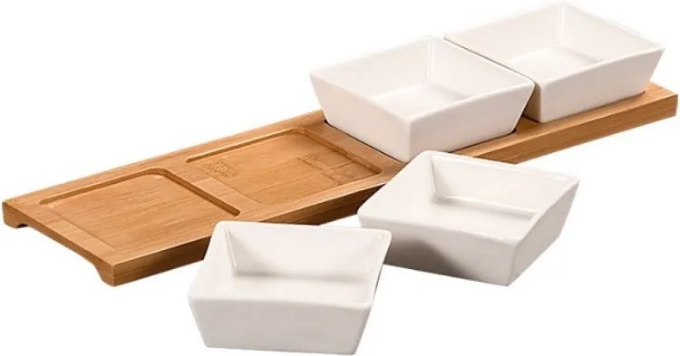 Set 4 boluri de servire Kesper 58065, 5 piese, 35 cm, tava din lemn, natural/maro